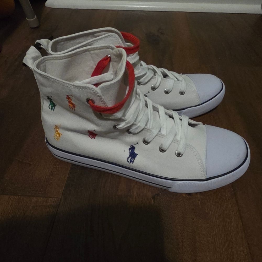 NWT-Polo Ralph Lauren White High-Top Sneakers with Multicolor Embroidery - Picture 9 of 16